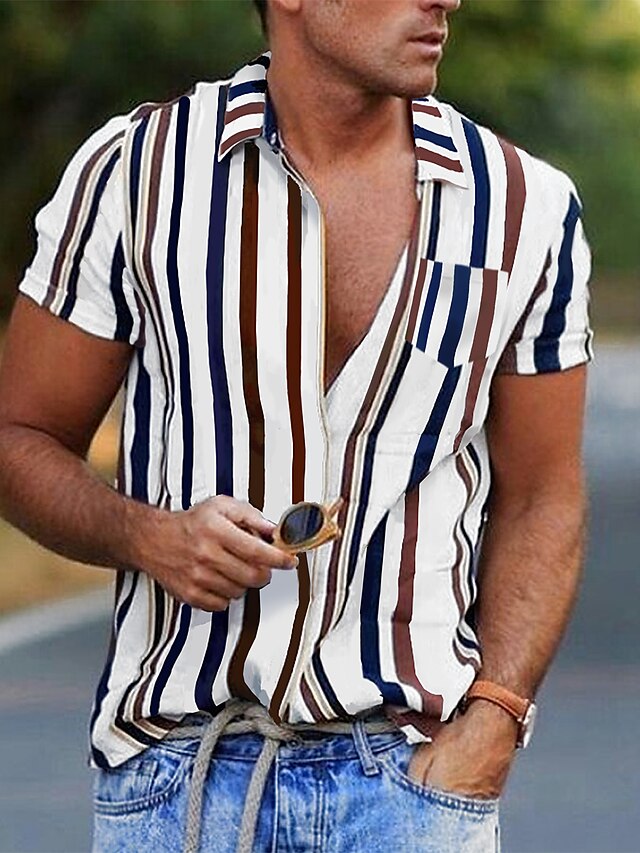  Men's Shirt Striped Collar Casual Daily Button-Down Print Short Sleeve Tops Designer Casual Fashion Breathable White Blue Gray / Summer