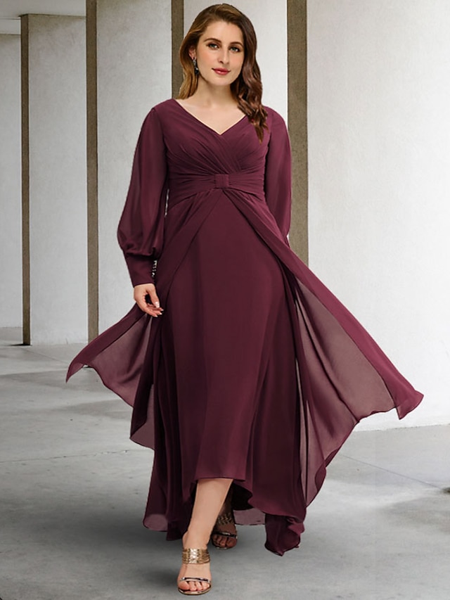 A-Line Mother of the Bride Dresses Plus Size Hide Belly Curve Elegant Dress Formal Sweep / Brush Train Half Sleeve V Neck Chiffon with Ruffles Strappy main image 0