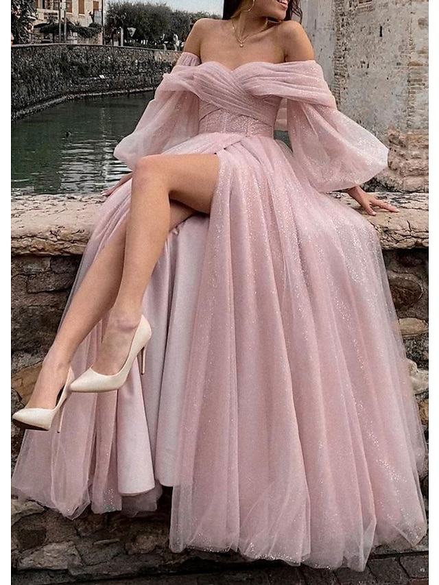  A-Line Prom Dresses Corsets Dress Formal Wedding Party Dress Floor Length Long Sleeve Off Shoulder Tulle with Glitter Ruched Slit 2024