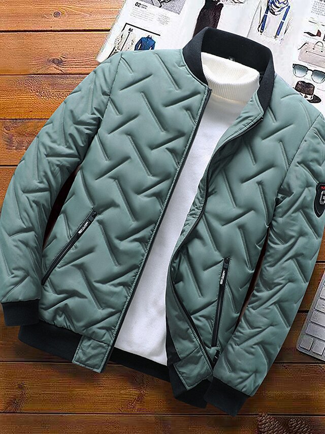  Men's Puffer Jacket Winter Jacket Winter Coat Windproof Warm Casual Daily Wear Stripes and Plaid Outerwear Clothing Apparel Casual Daily Trendy Black Light Green Gray
