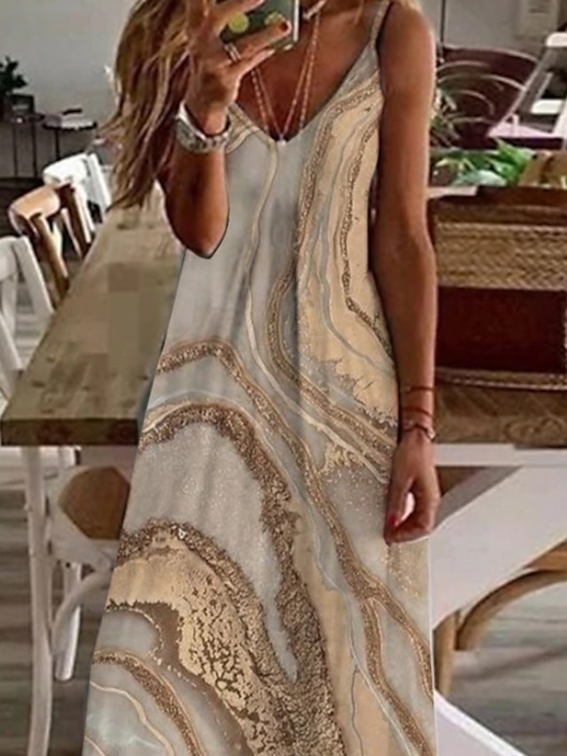 Women's Casual Dress Long Dress Maxi Dress Khaki Sleeveless Print Print