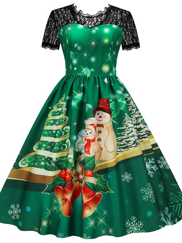 Women's Green Christmas Dress Party Dress Lace Dress Swing Dress Green Wine Light Red Fuchsia