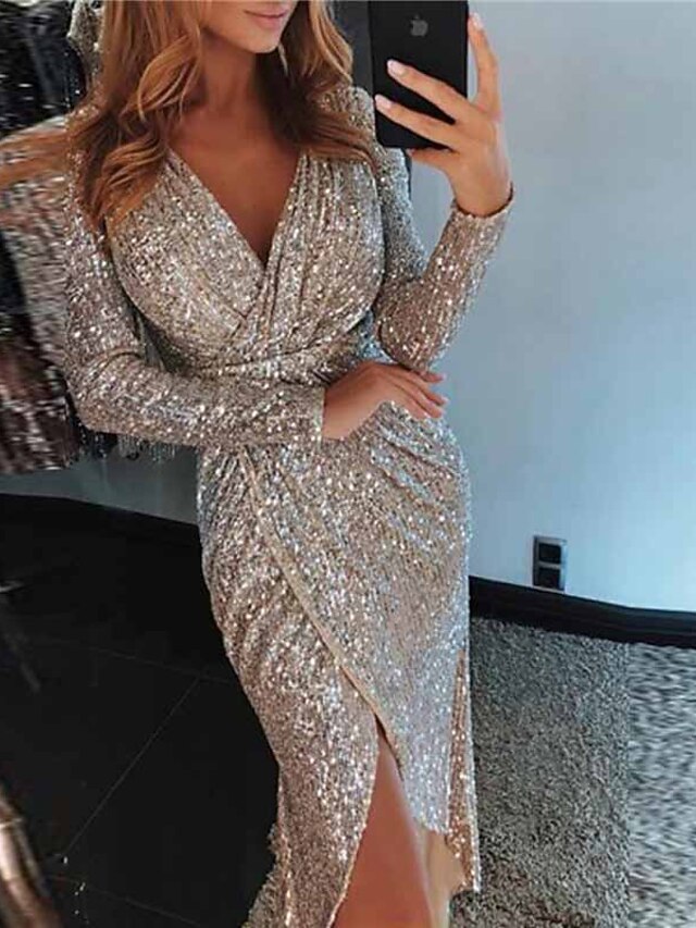 Dame Festkjole Paljettkjole Tubekjole Midikjole Sølv Svart Champagne