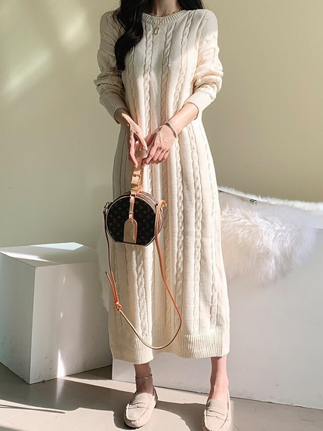  Women's Sweater Dress Winter Dress Casual Dress Midi Dress Apricot Black Long Sleeve Pure Color Knit Winter Fall Crew Neck Stylish Casual Fit 2022 One-Size Winter Dress