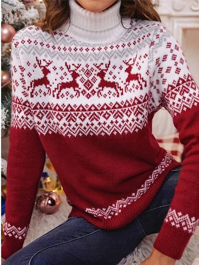  Women's Ugly Christmas Sweater Pullover Sweater Jumper Ribbed Knit Knitted Elk Turtleneck Stylish Casual Outdoor Christmas Winter Fall Red S M L / Long Sleeve / Weekend / Holiday / Regular Fit