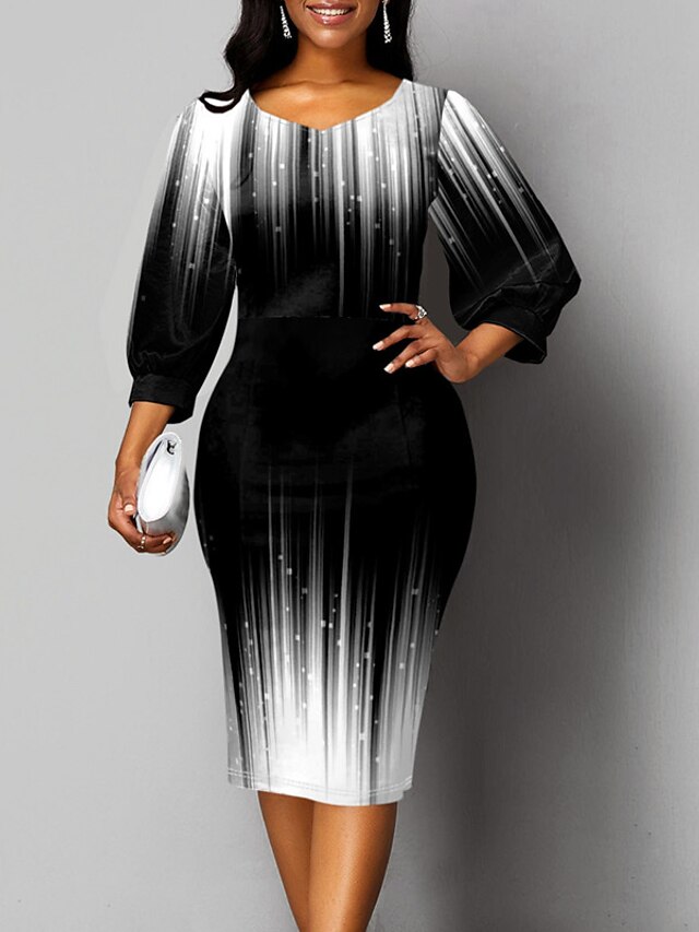 Women's Work Dress Sheath Dress Midi Dress Black Long Sleeve Color
