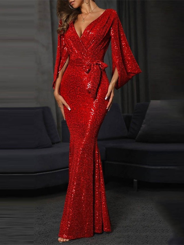  robe de cocktail pour femme robe de réveillon du nouvel an robe de soirée robe d'invité de mariage robe à sequins robe longue robe maxi rouge à manches longues à lacets
