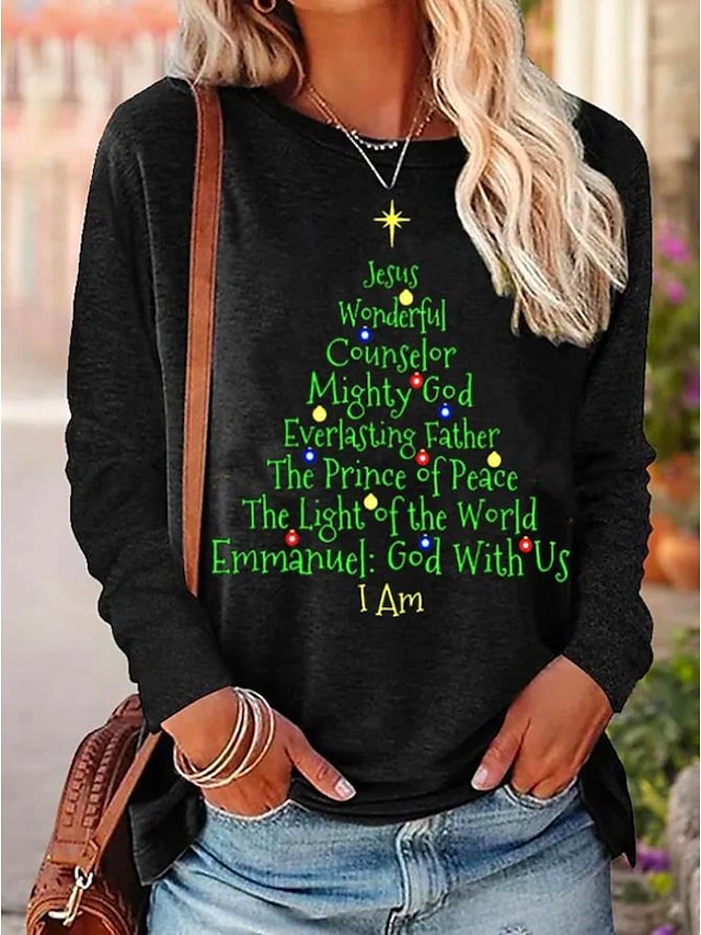  Damen T Shirt Weihnachts-Shirt Weihnachtsbaum Text Schwarz Bedruckt Langarm Weihnachten Wochenende Basic Weihnachten Rundhalsausschnitt Regular Fit Herbst Winter