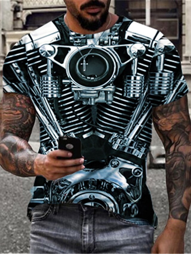 Men's Machine Motorcycle T shirt Short Sleeve Shirt Round Neck Outdoor