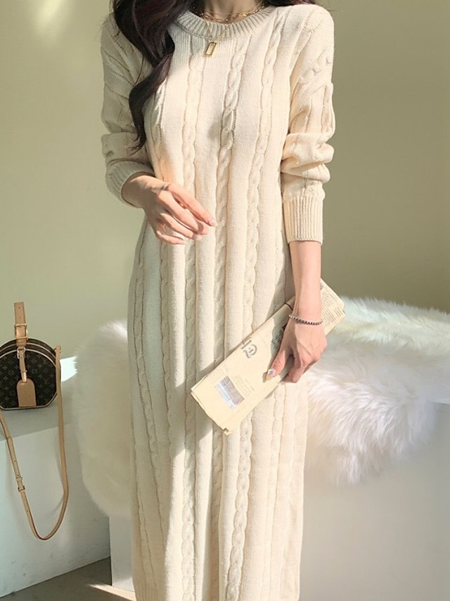  Women's Sweater Dress Winter Dress Casual Dress Midi Dress Apricot Black Long Sleeve Pure Color Knit Winter Fall Crew Neck Stylish Casual Fit 2022 One-Size Winter Dress