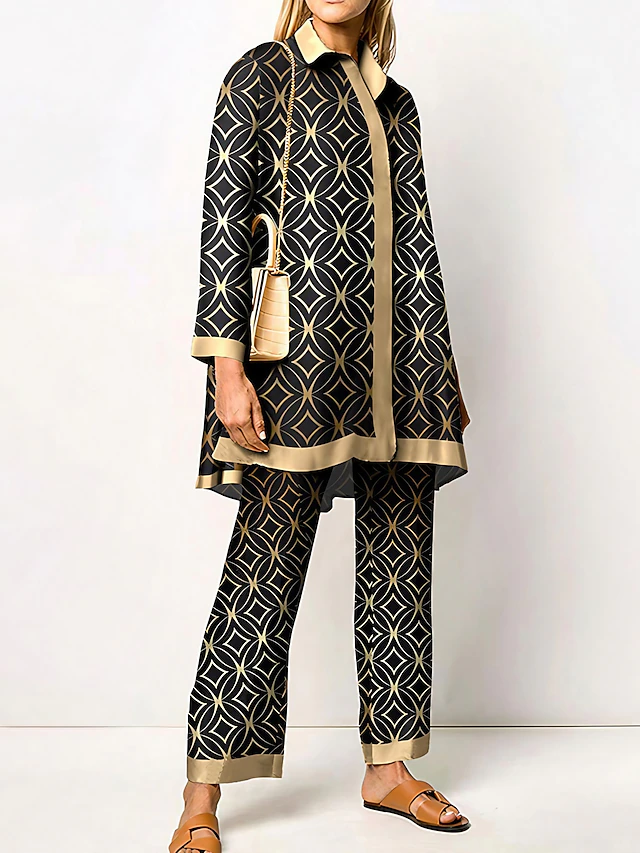 Women's 2 Pieces Elegant Vintage Fashion Shirt Blouse Pants Sets Pants Trousers Long Sleeve Shirt Collar Graphic Print Casual Daily Dark Navy Green Clover Fall & Winter Regular Fit 7