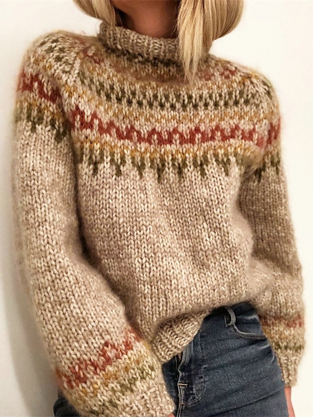  Women's Pullover Sweater Jumper Turtleneck Crochet Knit Acrylic Knitted Fall Winter Outdoor Daily Going out Stylish Casual Soft Long Sleeve Striped Maillard Khaki Gray S M L