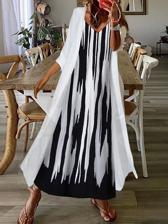  Női Kétrészes ruha Hosszú ruha Maxi ruha Sötétkék Féhosszú Csíkos Fodrozott Nyár Tavasz V-alakú Alkalmi Laza öltözet 2023 S M L XL XXL 3XL