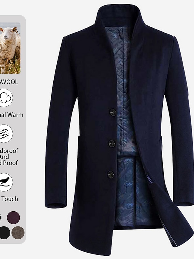  Men's Winter Coat Wool Coat Overcoat Business Casual Fall Wool Outerwear Clothing Apparel Basic Solid Colored Stand Collar Single Breasted One-button