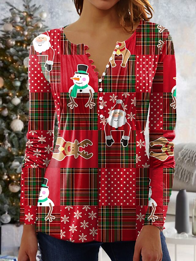  Women's Christmas Blouse Shirt Maroon Wine Red Green Plaid Deer Button Print 3/4 Length Sleeve Christmas Streetwear Casual Round Neck Regular S