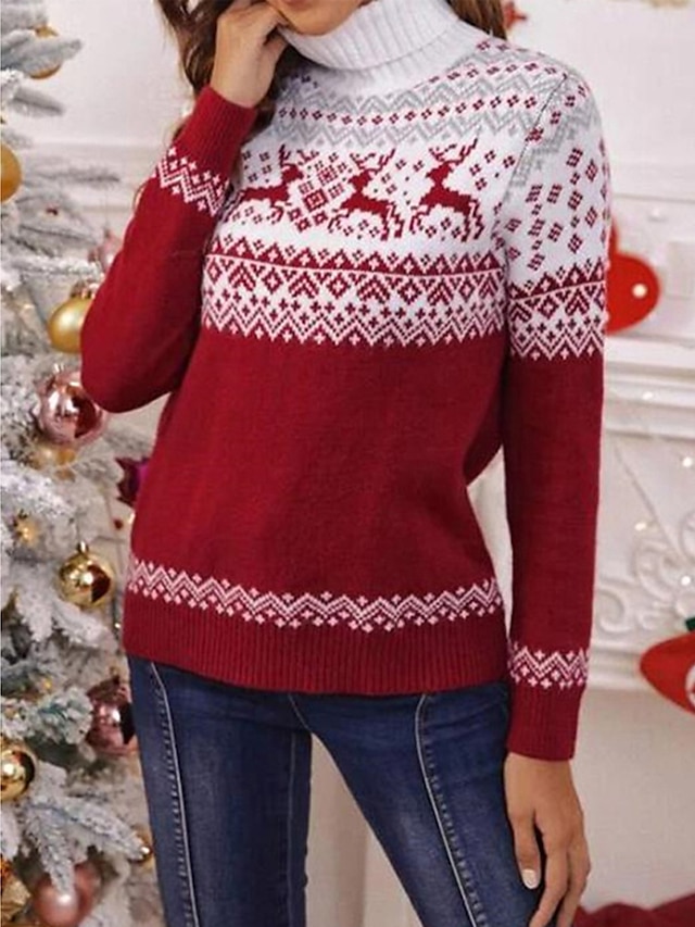  Women's Ugly Christmas Sweater Pullover Sweater Jumper Ribbed Knit Knitted Elk Turtleneck Stylish Casual Outdoor Christmas Winter Fall Red S M L / Long Sleeve / Weekend / Holiday / Regular Fit