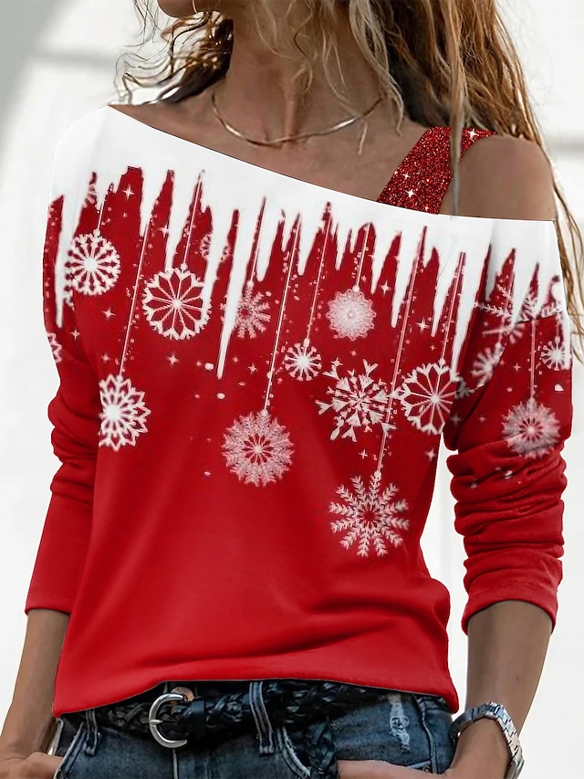  בגדי ריקוד נשים חולצה קצרה פתית שלג סוף שבוע אודם פול תלתן דפוס שרוול ארוך בסיסי חג מולד סירה מתחת לכתפיים רגיל סתיו חורף