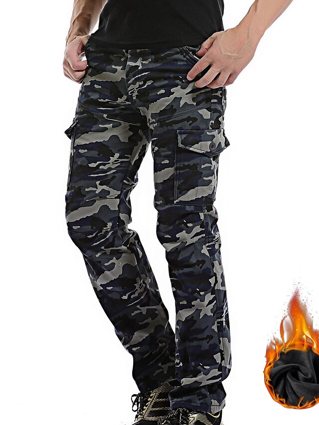  Men's Cargo Pants Fleece Pants Trousers Winter Pants Multi Pocket Straight Leg Warm Full Length Casual Army green camouflage Navy blue camouflage