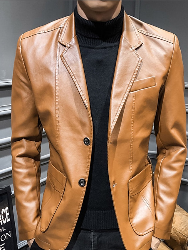  Men's Faux Leather Jacket Blazer Office & Career Daily Wear Warm Pocket Button-Down Spring &  Fall Solid / Plain Color Stylish Warm Ups Turndown Faux Leather Wine Black khaki Dark Blue Jacket