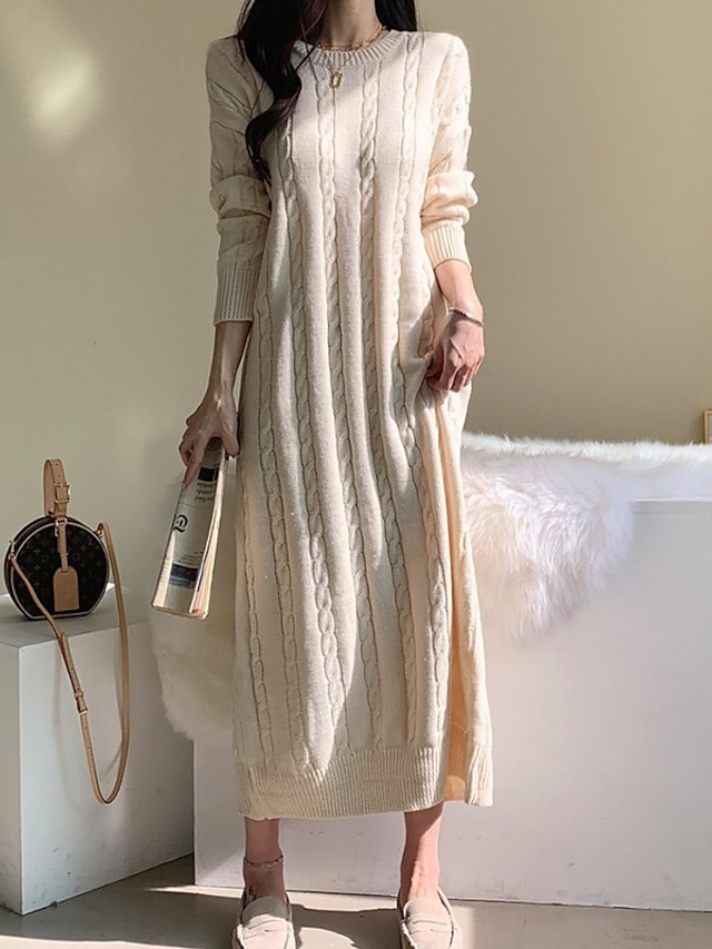  Women's Sweater Dress Winter Dress Casual Dress Midi Dress Apricot Black Long Sleeve Pure Color Knit Winter Fall Crew Neck Stylish Casual Fit 2022 One-Size Winter Dress