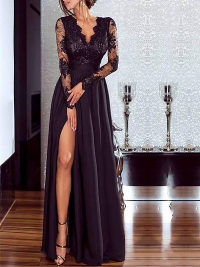  Women's Prom Dress Party Dress Lace Dress Long Dress Maxi Dress Wine Red Black Long Sleeve Pure Color Lace Spring Fall Winter V Neck Party Party Winter Dress Evening Party 2023 S M L XL