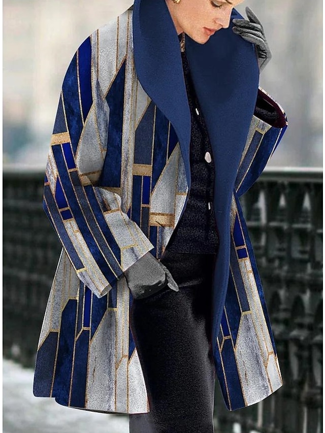  Women's Winter Coat Casual Jacket Casual Daily Wear Warm Lightweight Open Front Color Block Print Turndown Regular Fit Plaid Outerwear Winter Fall Long Sleeve Blue S M L XL XXL 3XL