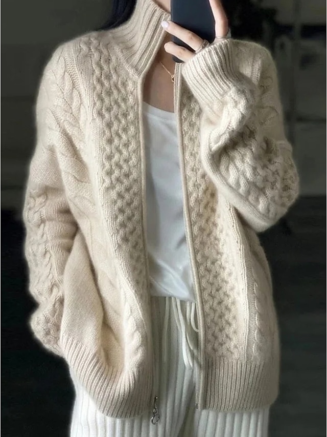 Women's Cardigan Sweater Jumper Cable Knit Cropped Zipper Solid Color ...
