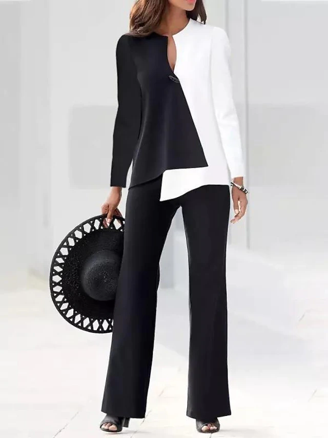 Women's Vintage Business Office Suit Dress Pants Long Sleeve V Neck Printing Patchwork Work Black White Fall & Winter 6