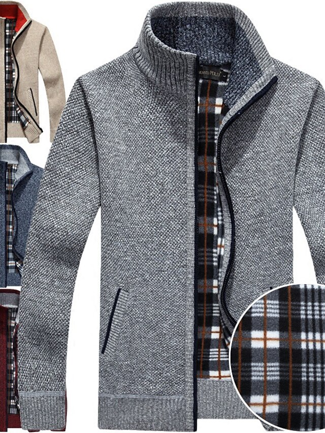  Men's Sweater Cardigan Jumper Knit Zipper Pocket Stand Collar Stylish Casual Daily Holiday Winter Fall Black Wine S M L