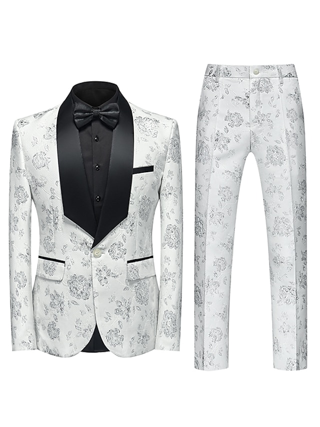  Black White Pink Men's Party Prom Tuxedos 2 Piece Floral Jacquard Shawl Collar Slim Fit Single Breasted One-button 2024