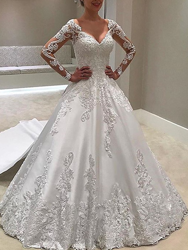  Noivado Formal Vestidos de noiva De Baile Decote Princesa Manga Longa Cauda Corte Cetim Vestidos de noiva Com Botões Apliques 2024