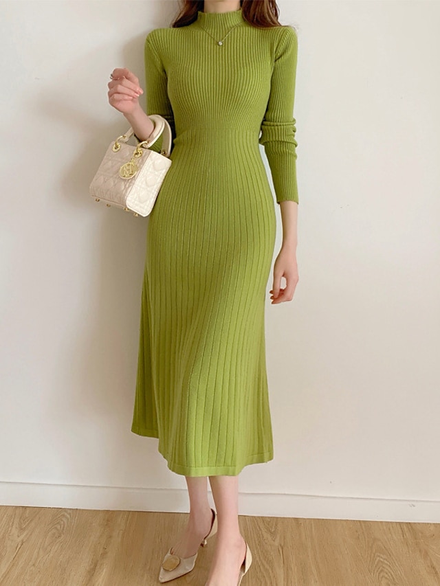  Women's Sweater Dress Winter Dress Sheath Dress Midi Dress Green Black Beige Long Sleeve Pure Color Knit Winter Fall Stand Collar Stylish Elegant 2022 One-Size