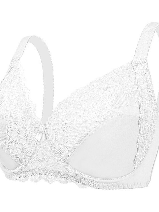 Women's Curve Plus Size Bra Solid Floral Lace Deep U Fall Winter Lace Bras 3/4 Cup Black White