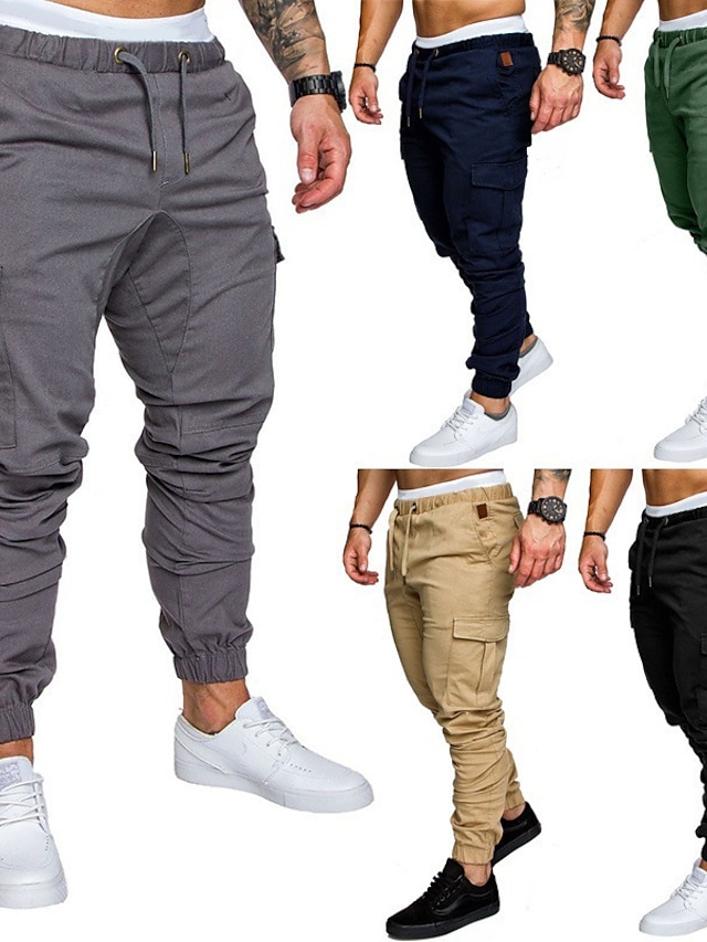  Men's Joggers Pants Trousers Drawstring Multiple Pockets Basic Essential Solid Colored Mid Waist White Black Blue S M L / Full Length
