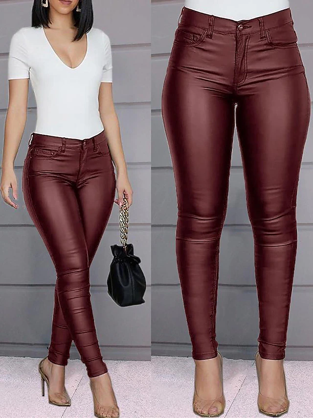 Women's Skinny Leather Pants Pants Trousers Fashion Ankle-Length Plain Side Pockets Butt Lift Comfort Tummy Control Stretchy Party Casual Daily claret Black Blue Slim 11