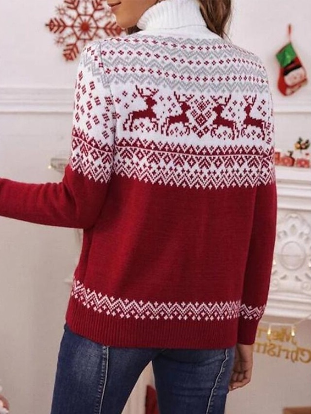  Women's Ugly Christmas Sweater Pullover Sweater Jumper Ribbed Knit Knitted Elk Turtleneck Stylish Casual Outdoor Christmas Winter Fall Red S M L / Long Sleeve / Weekend / Holiday / Regular Fit