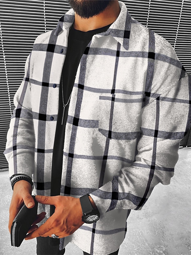  Men's Flannel Shirt Shirt Jacket Shacket Fleece Shirt Shirt Overshirt Plaid Turndown White Black Hot Stamping Outdoor Street Long Sleeve Button-Down Print Clothing Apparel Fashion Designer Casual Big