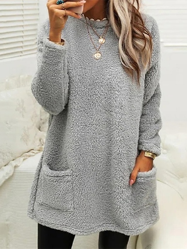  Women's Plus Size Casual Dress Solid Color Round Neck Long Sleeve Fall Winter Casual Short Mini Dress Daily Date Dress / T Shirt Dress Tee Dress