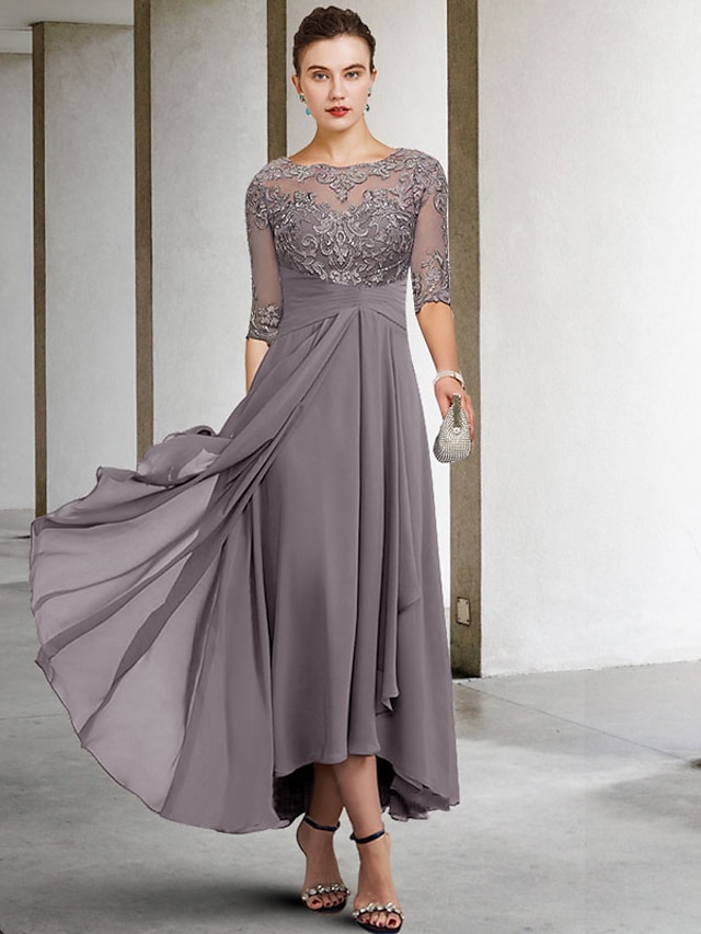  A-Line Mother of the Bride Dress Wedding Guest Elegant Plus Size High Low V Neck Asymmetrical Ankle Length Chiffon Lace Half Sleeve with Beading Appliques 2024