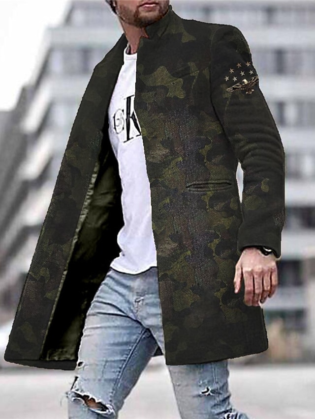  Camouflage Mens 3D Shirt For Business | Green Winter  | Men'S Coat Daily Wear Vacation With Pockets Front Button Down Fall & Streetwear Sport Turndown Regular Jacket
