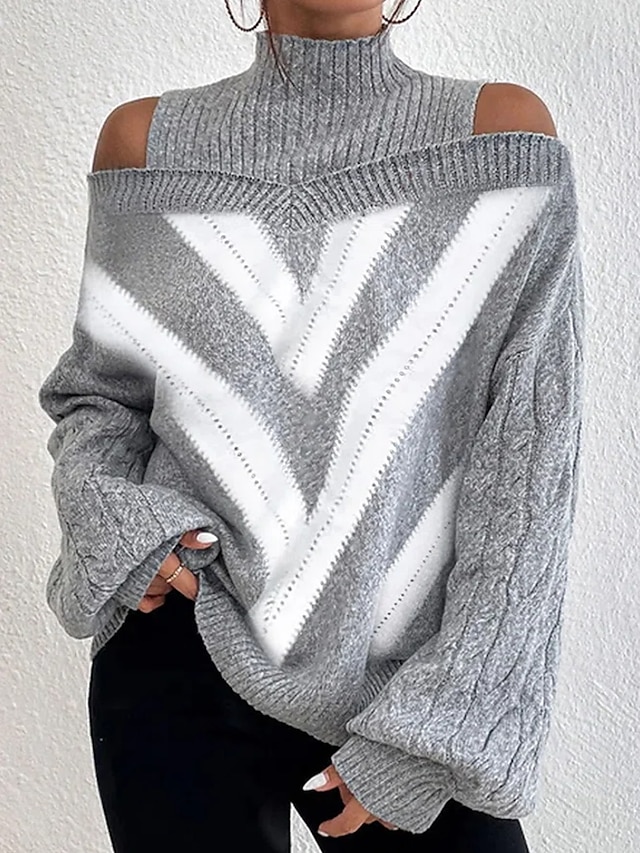  Women's Pullover Sweater Jumper Turtleneck Crochet Knit Knit Cold Shoulder Fall Winter Cropped Daily Stylish Casual Long Sleeve Argyle Gray S M L