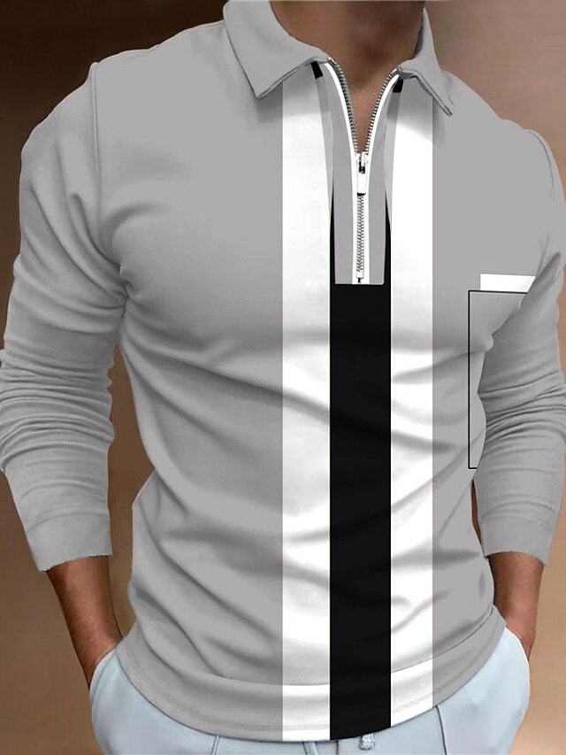  Men's Polo Shirt Golf Shirt Zip Polo Striped Turndown Zip Army Green Navy Blue Gray 3D Print Outdoor Street Long Sleeve Zipper Print Clothing Apparel Fashion Designer Casual Breathable