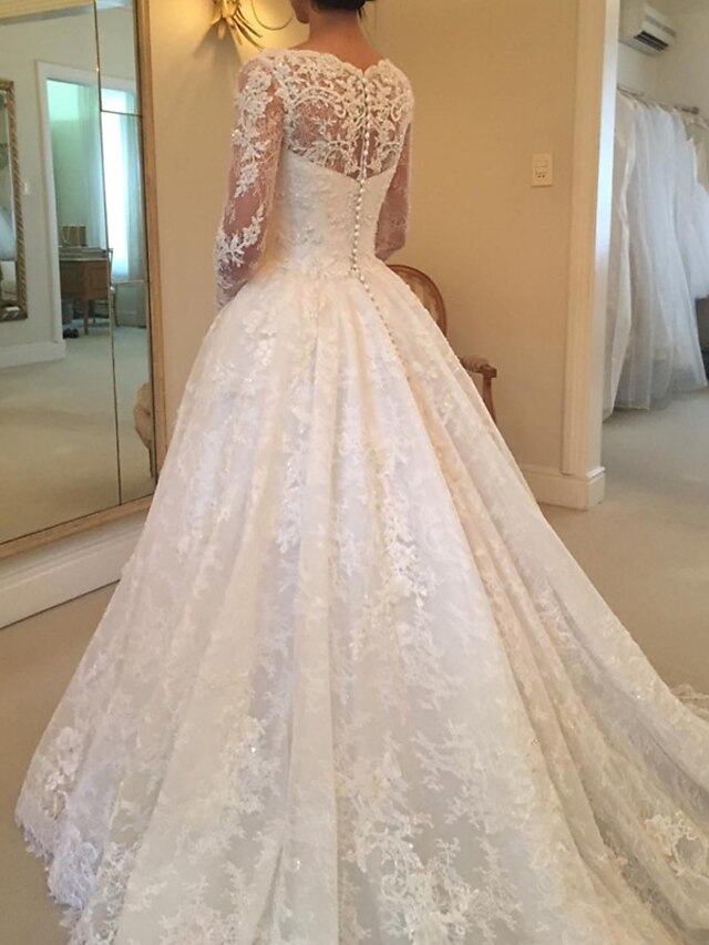 Engagement Formal Fall Wedding Dresses Ball Gown Illusion Neck Long Sleeve Chapel Train Lace