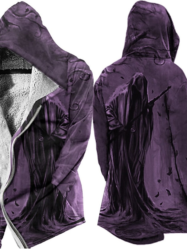  Herre Vinterfrakk Fleece-jakke Jakke Dagligdagstøy Feriereise Fleecefor Med lommer Trykt mønster Lomme foran Høst vinter Grafiske trykk Gatemote Fritid Hettegenser Normal Rød Lilla Kakifarget Grå