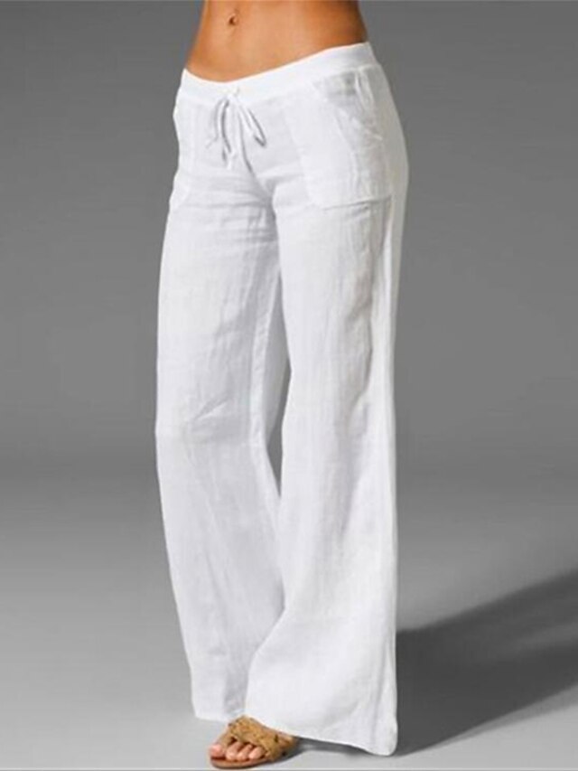 Women's Wide Leg Pants Trousers Baggy Full Length Cotton Faux Linen ...