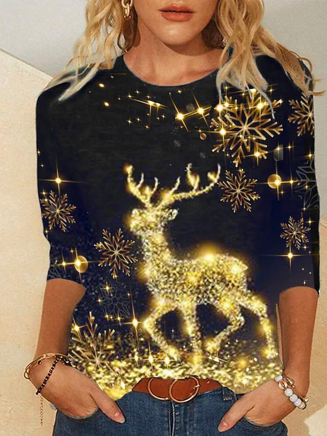  Women's T shirt Tee Green Black Blue Snowman Reindeer Print Long Sleeve Casual Christmas Round Neck Regular S