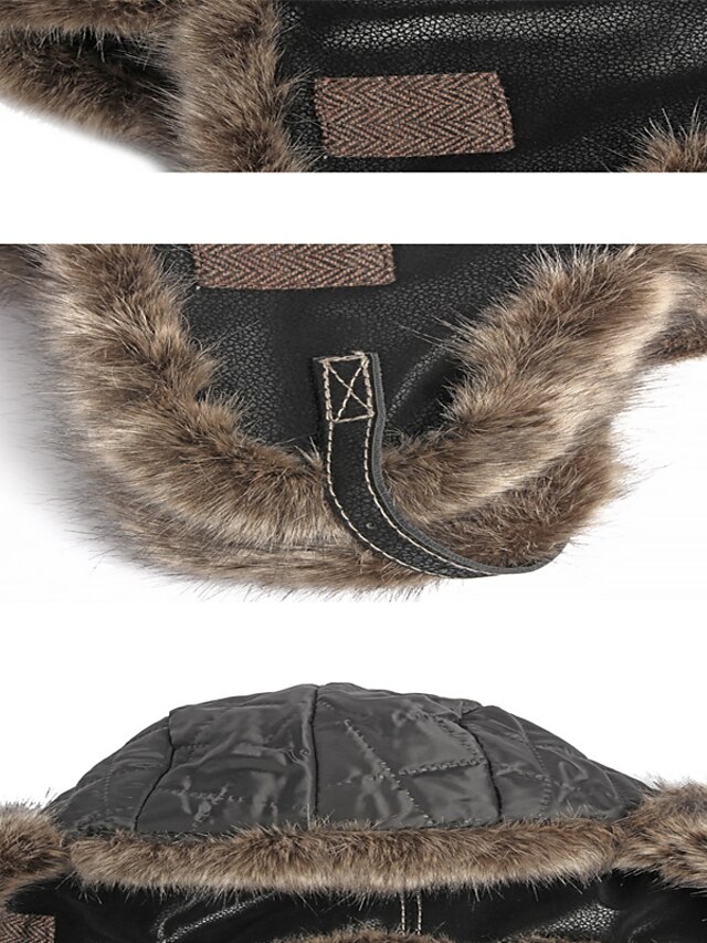 Men's Trapper Hat Black Coffee Faux Leather Fleece Cool Classic