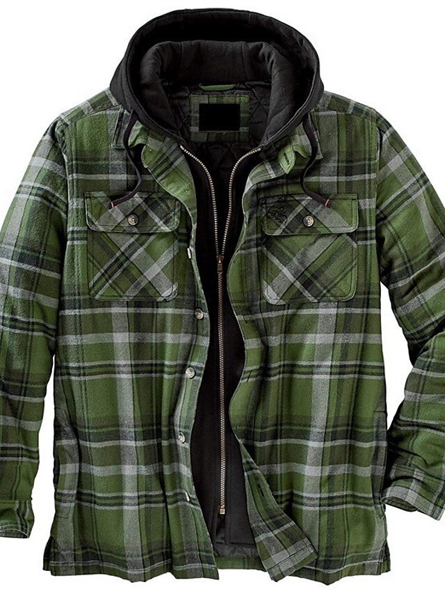  Men's Flannel Shirt Print Check Hooded Street Daily Button-Down Long Sleeve Tops Casual Fashion Comfortable Army Green Dark Green Fuchsia