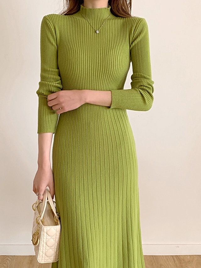  Women's Sweater Dress Winter Dress Sheath Dress Midi Dress Green Black Beige Long Sleeve Pure Color Knit Winter Fall Stand Collar Stylish Elegant 2022 One-Size