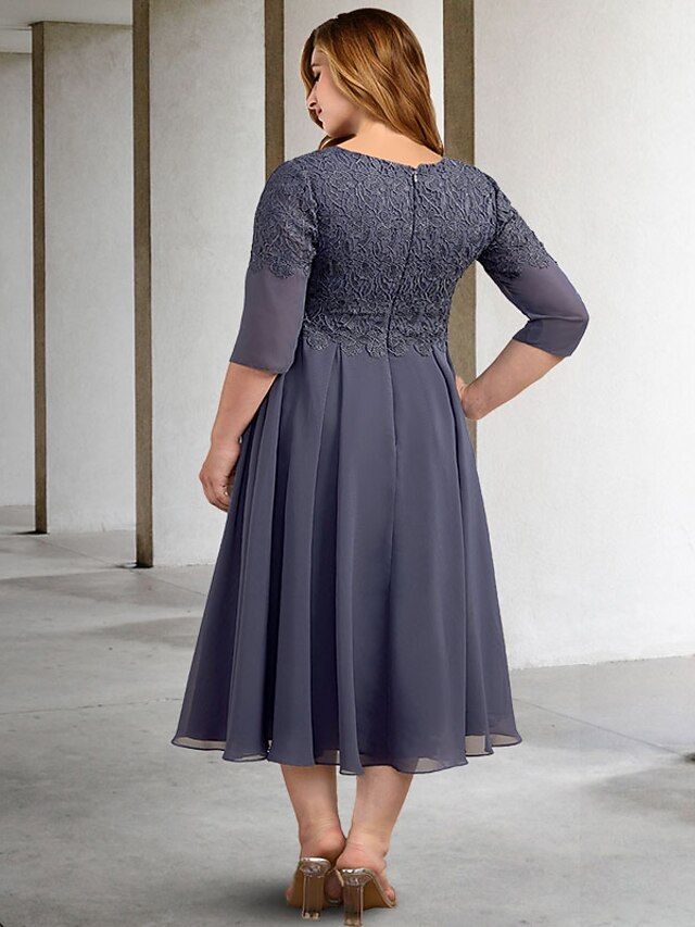 A-Line Plus Size Curve Mother of the Bride Dresses Elegant Dress Formal Wedding Guest Sweep / Brush Train Long Sleeve Jewel Neck Chiffon